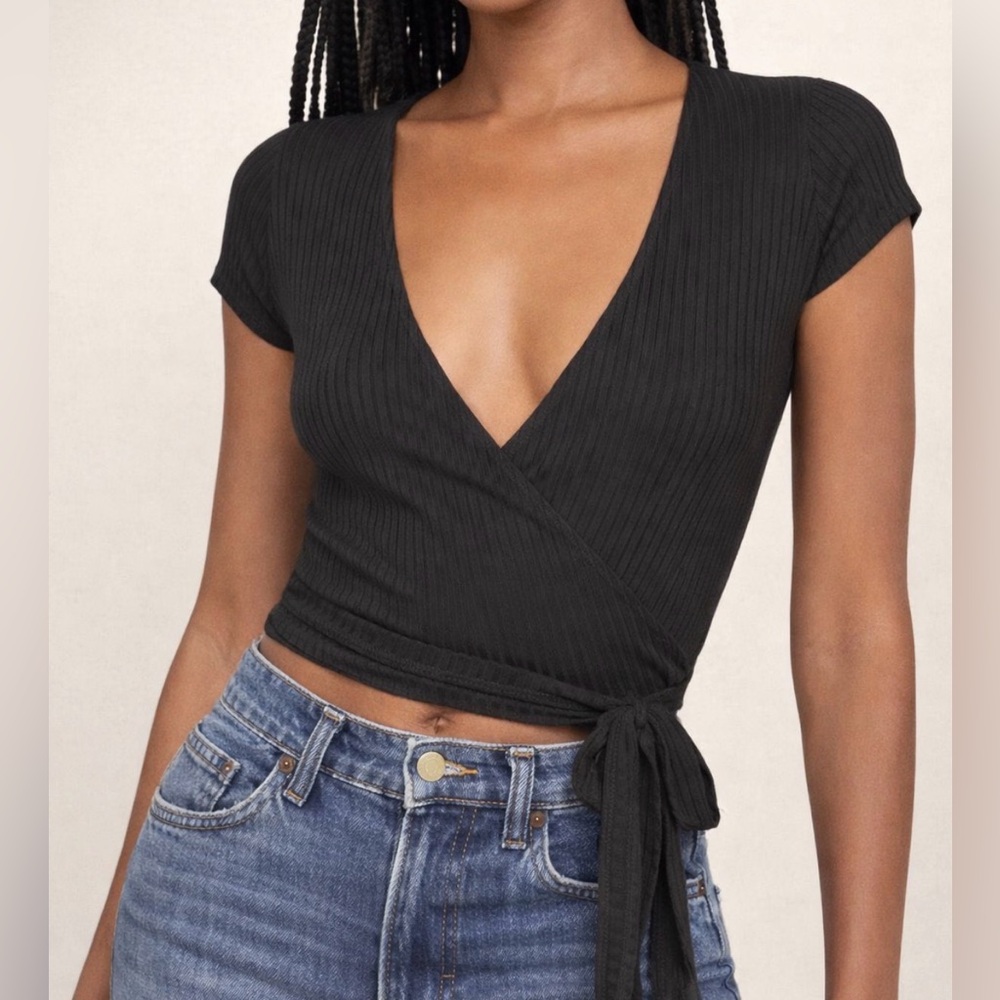 Reformation Black Ribbed Wrap Flora Top - Size S